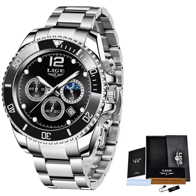 Watches Mens Top Brand Luxury Clock Casual Stainless Steel 24Hour Moon Phase Men Watch Sport Waterproof Quartz Chronograph