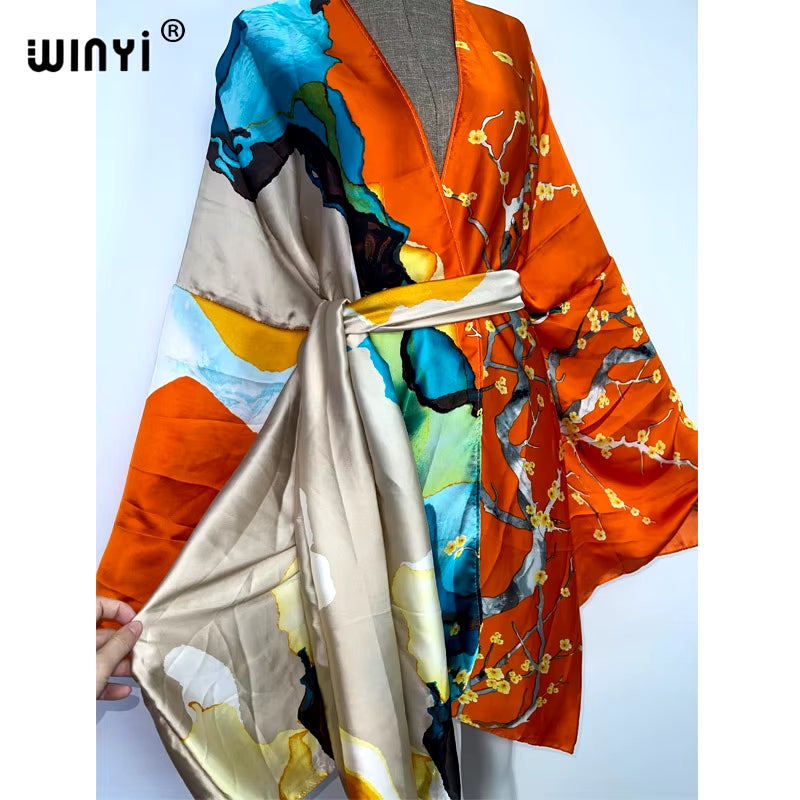 2022  Summer Beach Wear Swim Suit Cover Kaftan Sweet Lady Boho Cardigan Stitch Self Belted Sexy Holiday Long Sleeve Kimono