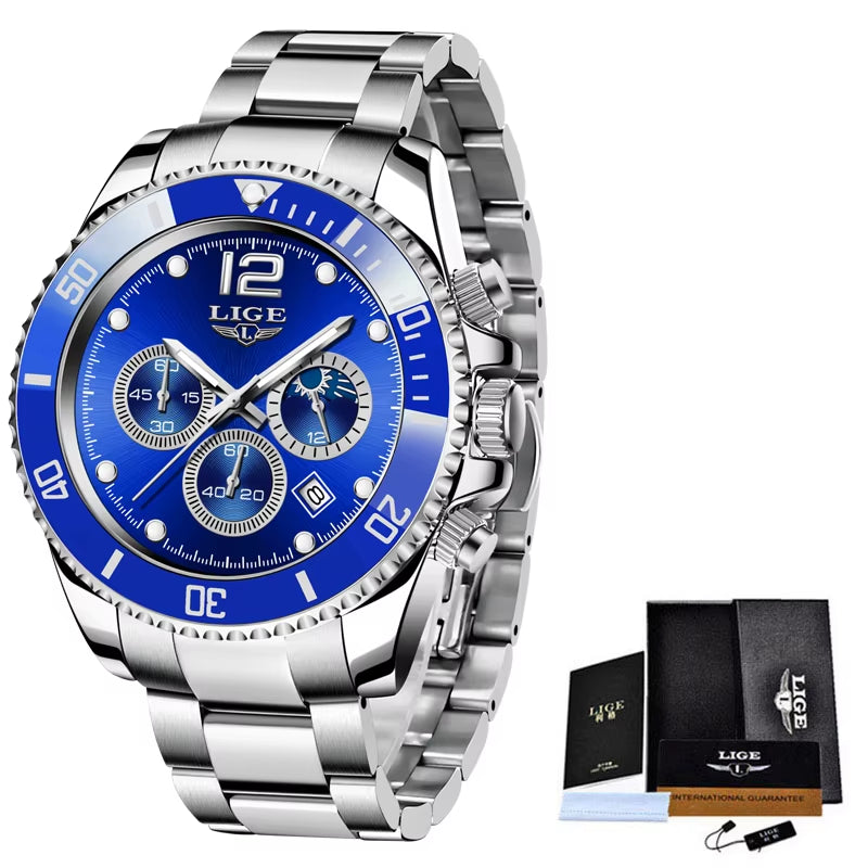 Watches Mens Top Brand Luxury Clock Casual Stainless Steel 24Hour Moon Phase Men Watch Sport Waterproof Quartz Chronograph