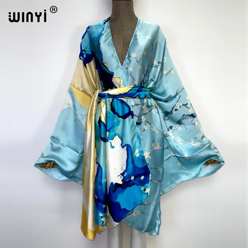 2022  Summer Beach Wear Swim Suit Cover Kaftan Sweet Lady Boho Cardigan Stitch Self Belted Sexy Holiday Long Sleeve Kimono