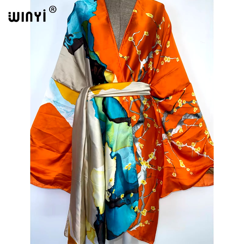 2022  Summer Beach Wear Swim Suit Cover Kaftan Sweet Lady Boho Cardigan Stitch Self Belted Sexy Holiday Long Sleeve Kimono