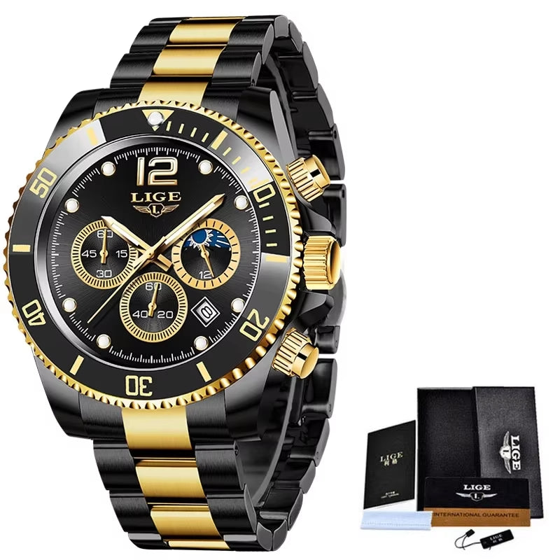 Watches Mens Top Brand Luxury Clock Casual Stainless Steel 24Hour Moon Phase Men Watch Sport Waterproof Quartz Chronograph