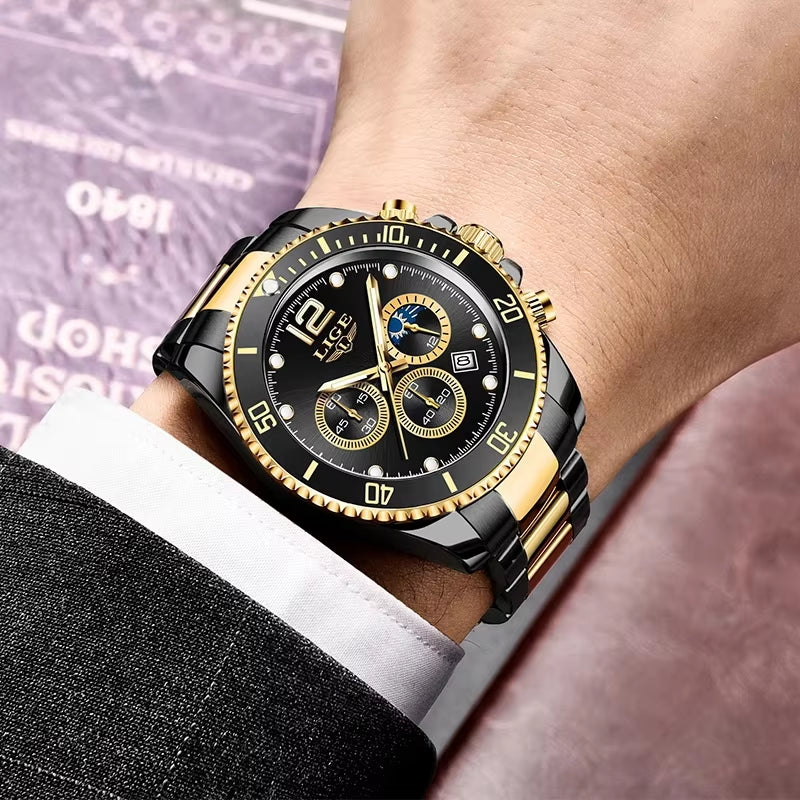 Watches Mens Top Brand Luxury Clock Casual Stainless Steel 24Hour Moon Phase Men Watch Sport Waterproof Quartz Chronograph