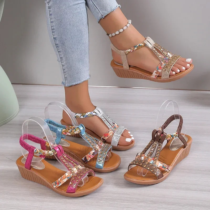 Women Wedge Sandals Summer Bohemia Rhinestones Casual Platform Sandals Female Peep Toe Outdoor Beach Shoes Обувь Женская Летняя