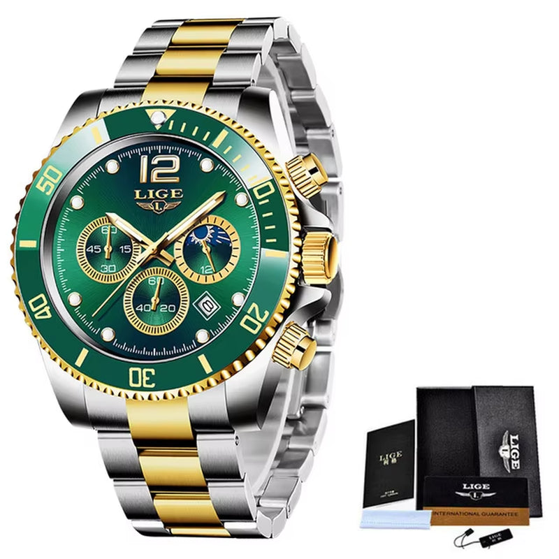 Watches Mens Top Brand Luxury Clock Casual Stainless Steel 24Hour Moon Phase Men Watch Sport Waterproof Quartz Chronograph