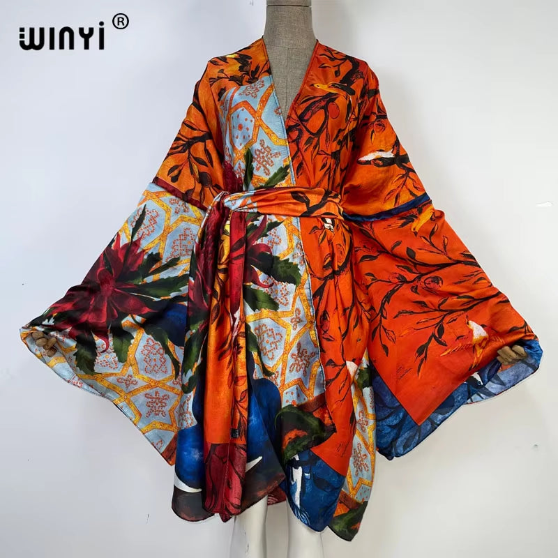 2022  Summer Beach Wear Swim Suit Cover Kaftan Sweet Lady Boho Cardigan Stitch Self Belted Sexy Holiday Long Sleeve Kimono