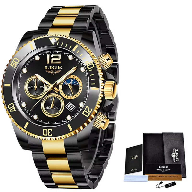 Watches Mens Top Brand Luxury Clock Casual Stainless Steel 24Hour Moon Phase Men Watch Sport Waterproof Quartz Chronograph