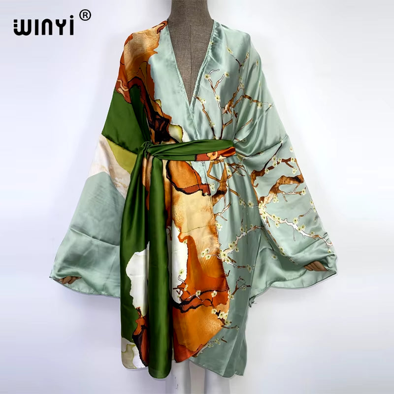 2022  Summer Beach Wear Swim Suit Cover Kaftan Sweet Lady Boho Cardigan Stitch Self Belted Sexy Holiday Long Sleeve Kimono