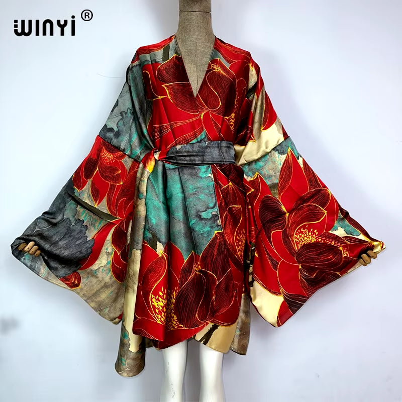 2022  Summer Beach Wear Swim Suit Cover Kaftan Sweet Lady Boho Cardigan Stitch Self Belted Sexy Holiday Long Sleeve Kimono