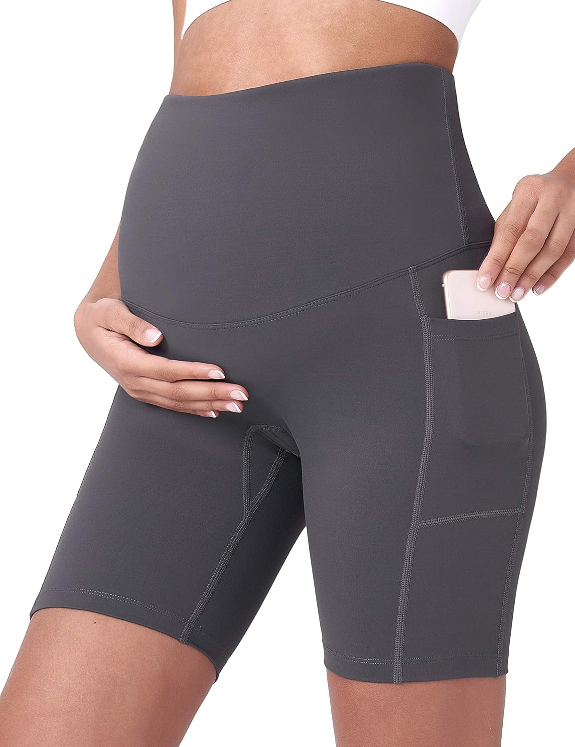 Women'S Maternity Yoga Shorts over the Belly Bump Summer Workout Running Active Short Pants with Pockets 5"/8"