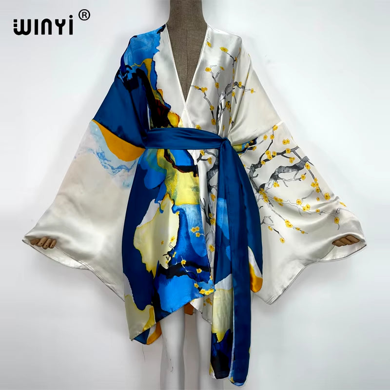 2022  Summer Beach Wear Swim Suit Cover Kaftan Sweet Lady Boho Cardigan Stitch Self Belted Sexy Holiday Long Sleeve Kimono