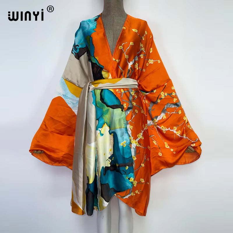 2022  Summer Beach Wear Swim Suit Cover Kaftan Sweet Lady Boho Cardigan Stitch Self Belted Sexy Holiday Long Sleeve Kimono