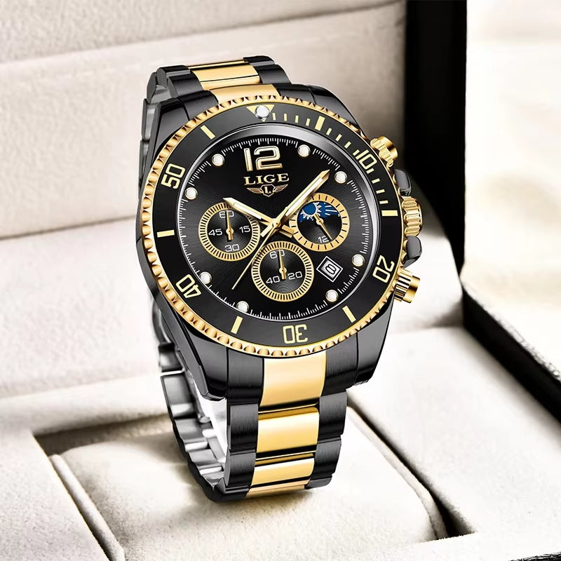 Watches Mens Top Brand Luxury Clock Casual Stainless Steel 24Hour Moon Phase Men Watch Sport Waterproof Quartz Chronograph