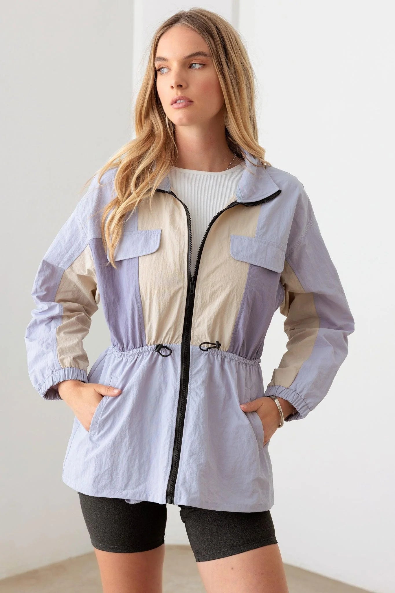 Lavender Color Block Collared Wind Breaker Jacket