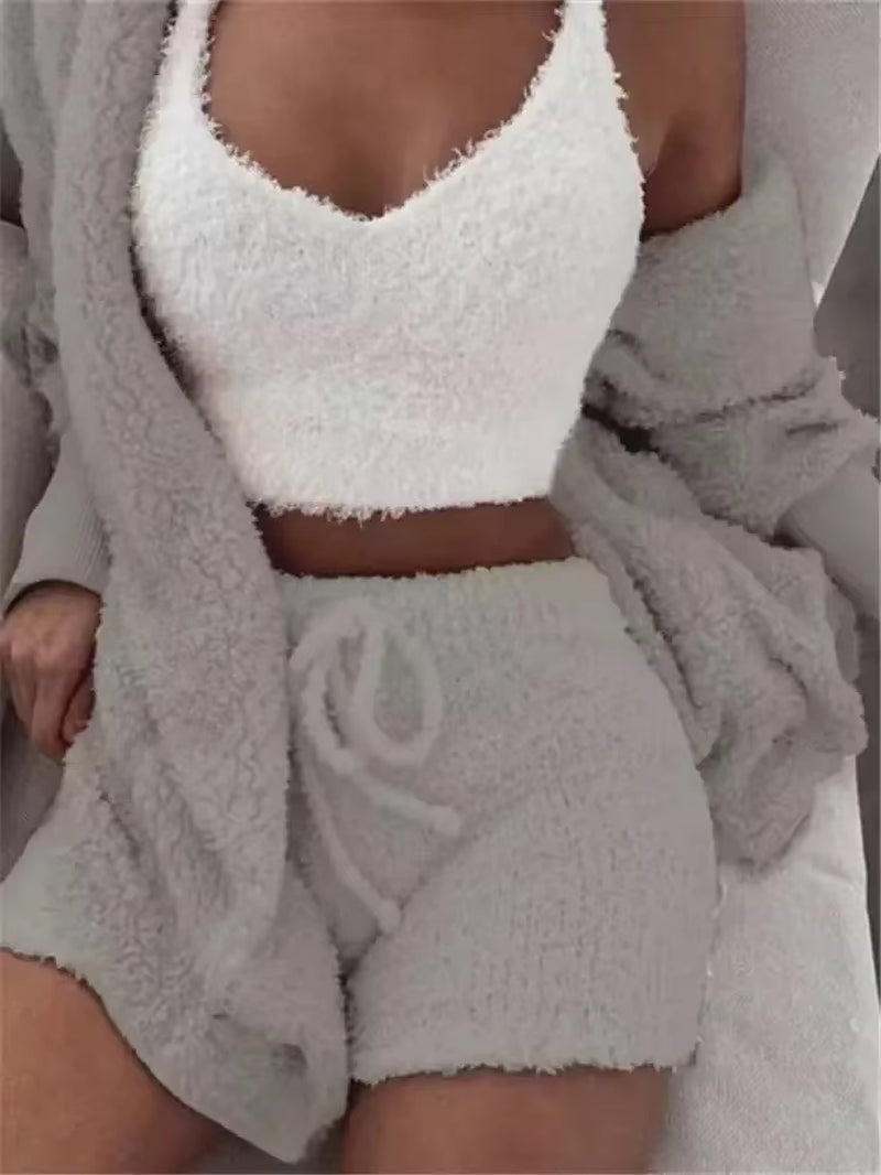 Autumn Winter 3 Piece Fluffy Outfits Plush Sexy Backless Fleece Pyjamas Women Casual Sports Sweatshirt Home Wear Sets Tracksuit