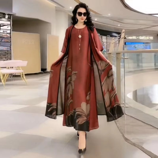 Silk Dress Two-Piece Women'S Elegant Floral plus Size Dress Casual Beach Vintage Long Dress Mother Dress 2024 Summer New Fashion