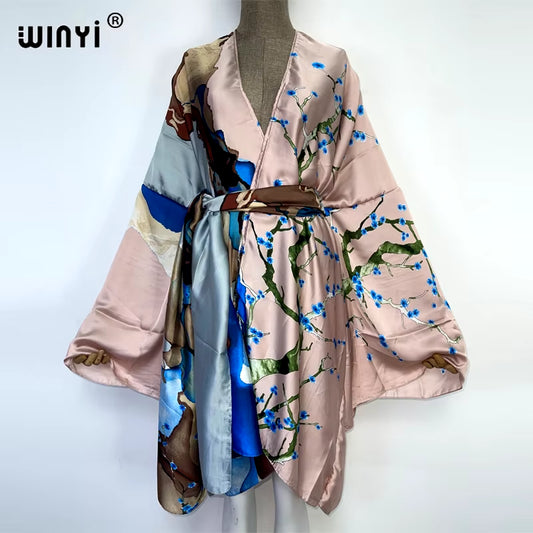 2022  Summer Beach Wear Swim Suit Cover Kaftan Sweet Lady Boho Cardigan Stitch Self Belted Sexy Holiday Long Sleeve Kimono