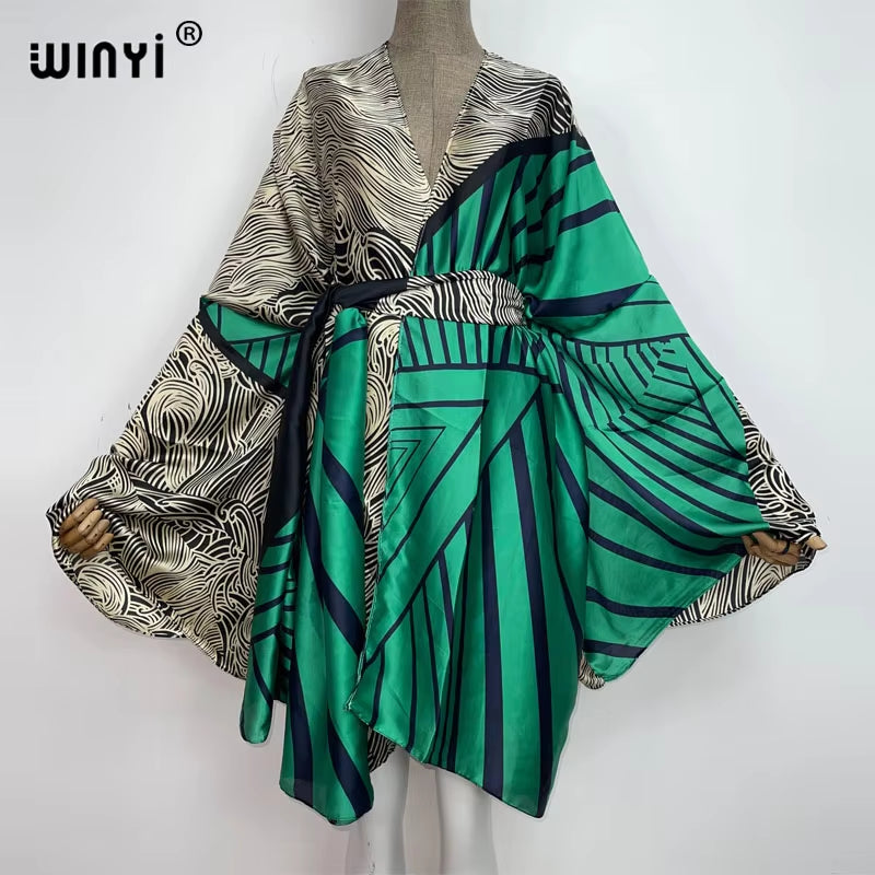 2022  Summer Beach Wear Swim Suit Cover Kaftan Sweet Lady Boho Cardigan Stitch Self Belted Sexy Holiday Long Sleeve Kimono