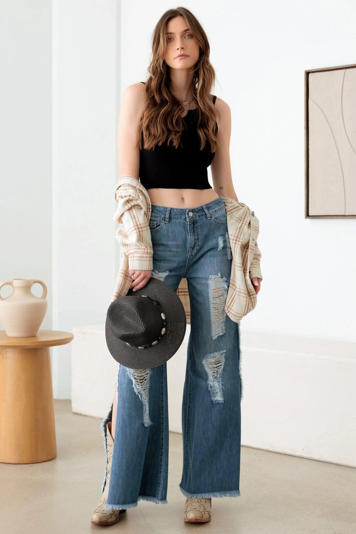 Blue Side Slit Wide Leg Destroyed Jeans