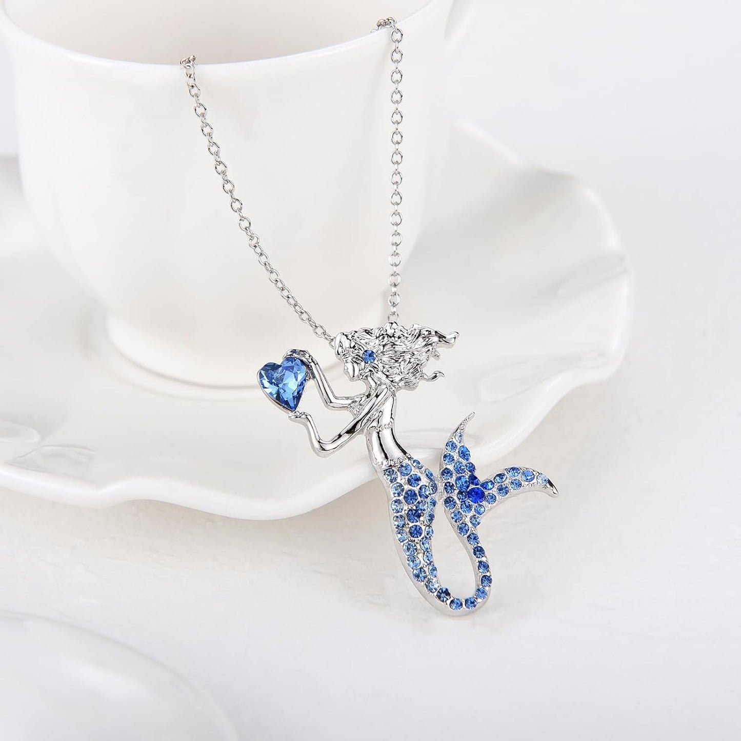 Fashion Mermaid Birthstone Necklace Jewelry White Gold Plated Austrian Crystal Pendant Gifts for Women