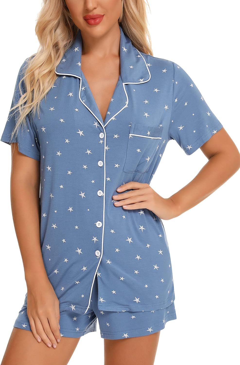 Womens Pajamas Set Short Sleeve Sleepwear Button down Nightwear Shorts Soft Pj Sets S-XXL