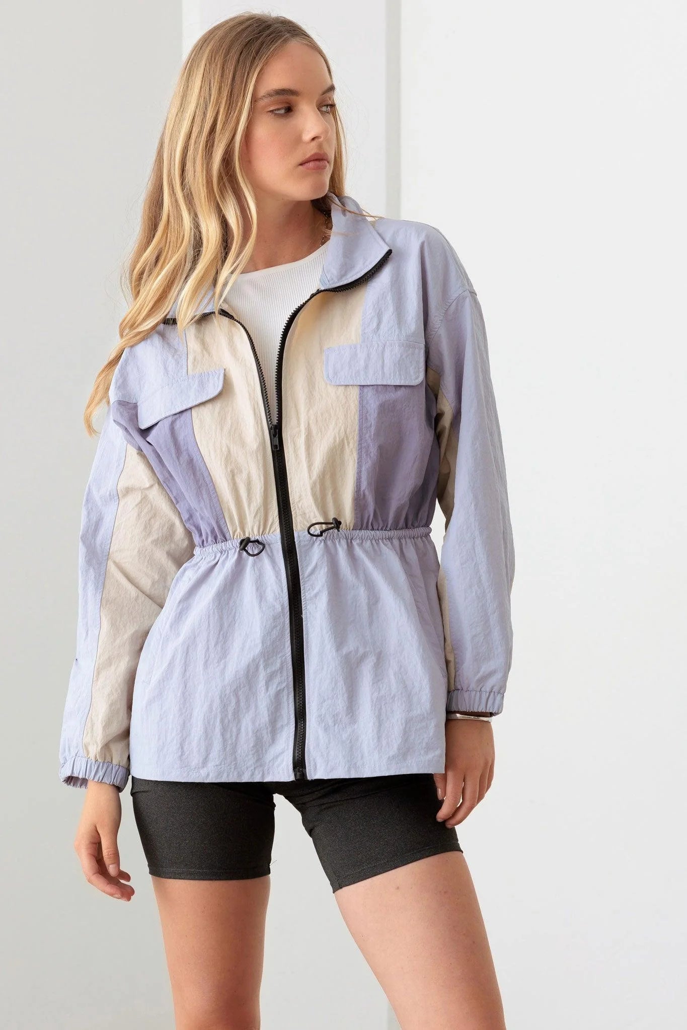 Lavender Color Block Collared Wind Breaker Jacket