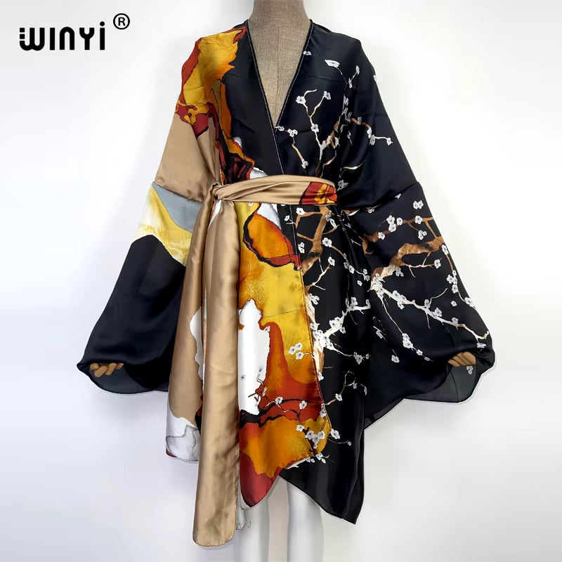 2022  Summer Beach Wear Swim Suit Cover Kaftan Sweet Lady Boho Cardigan Stitch Self Belted Sexy Holiday Long Sleeve Kimono