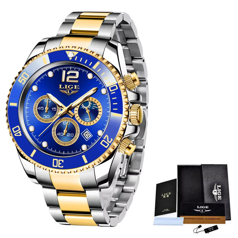 Watches Mens Top Brand Luxury Clock Casual Stainless Steel 24Hour Moon Phase Men Watch Sport Waterproof Quartz Chronograph