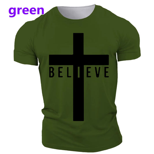 I Believe in God Christian Men'S Fashion T-Shirt 3D Printed Cross T-Shirt Jesus Shirt Short Sleeve Top