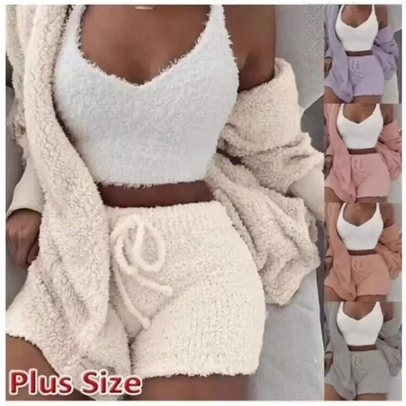 Autumn Winter 3 Piece Fluffy Outfits Plush Sexy Backless Fleece Pyjamas Women Casual Sports Sweatshirt Home Wear Sets Tracksuit