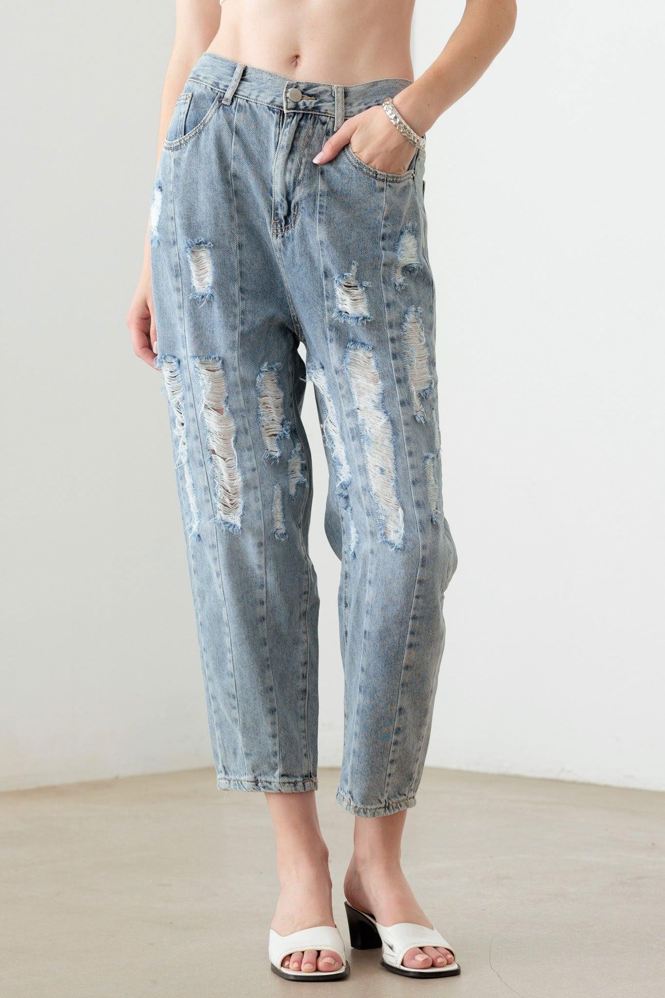 Light Blue Wash Barrel Leg High Waist Distressed Jeans