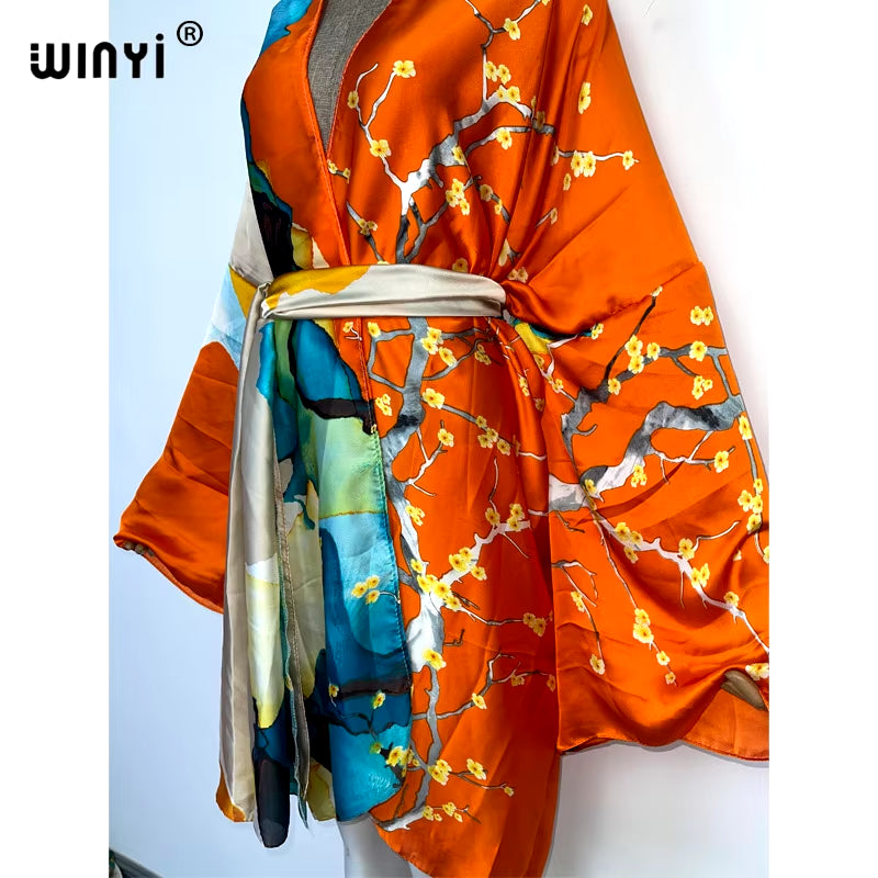 2022  Summer Beach Wear Swim Suit Cover Kaftan Sweet Lady Boho Cardigan Stitch Self Belted Sexy Holiday Long Sleeve Kimono