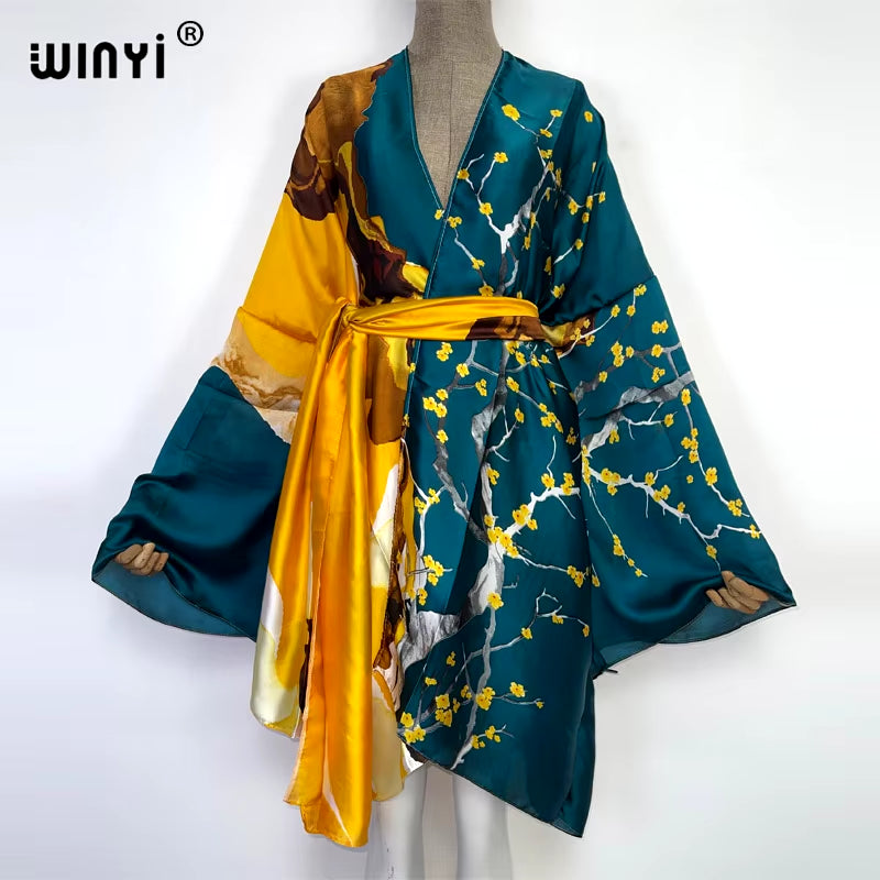 2022  Summer Beach Wear Swim Suit Cover Kaftan Sweet Lady Boho Cardigan Stitch Self Belted Sexy Holiday Long Sleeve Kimono