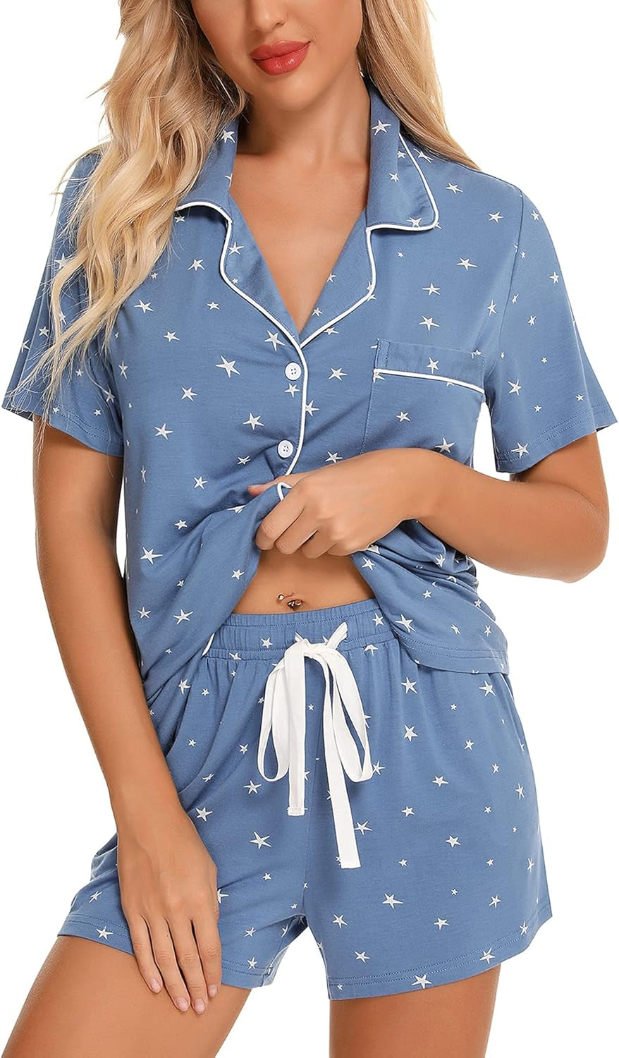 Womens Pajamas Set Short Sleeve Sleepwear Button down Nightwear Shorts Soft Pj Sets S-XXL