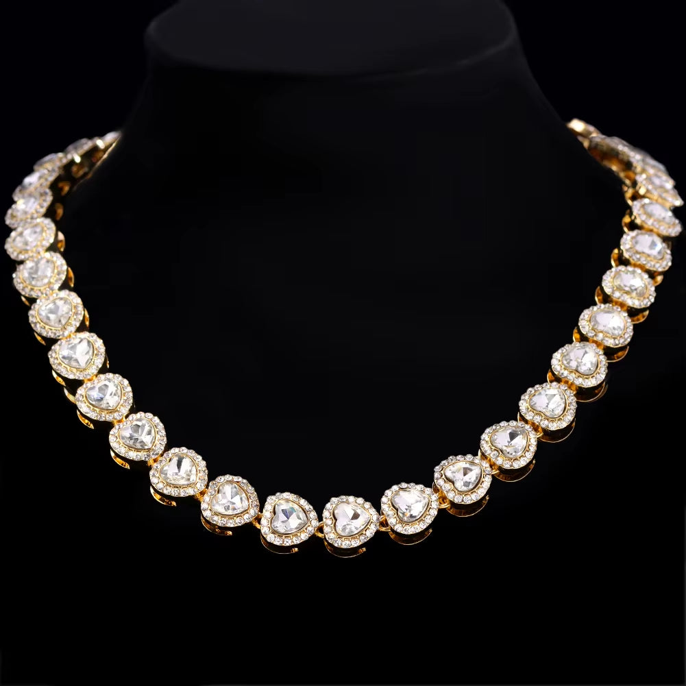 Bling Luxury Paved Crystal Heart Cuban Link Chain Necklace for Women Hip Hop Iced Out round Square Tennis Chain Choker Jewelry