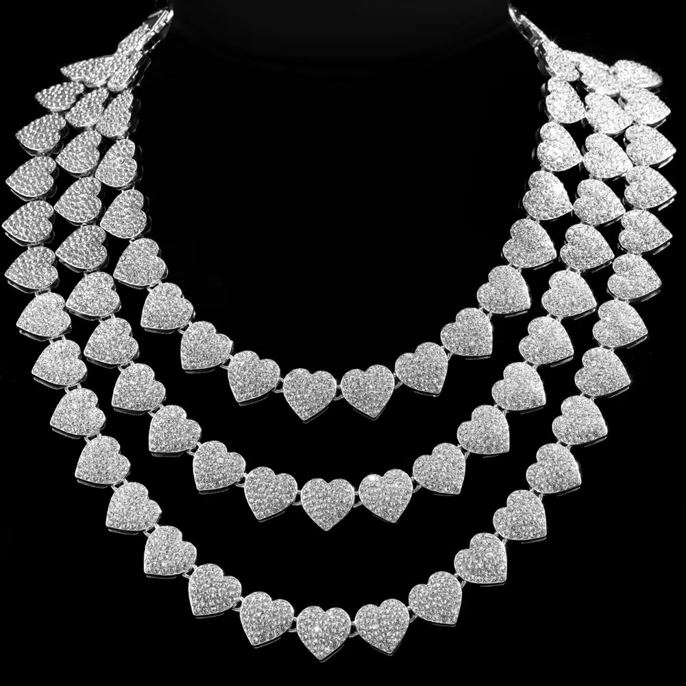 Bling Luxury Paved Crystal Heart Cuban Link Chain Necklace for Women Hip Hop Iced Out round Square Tennis Chain Choker Jewelry