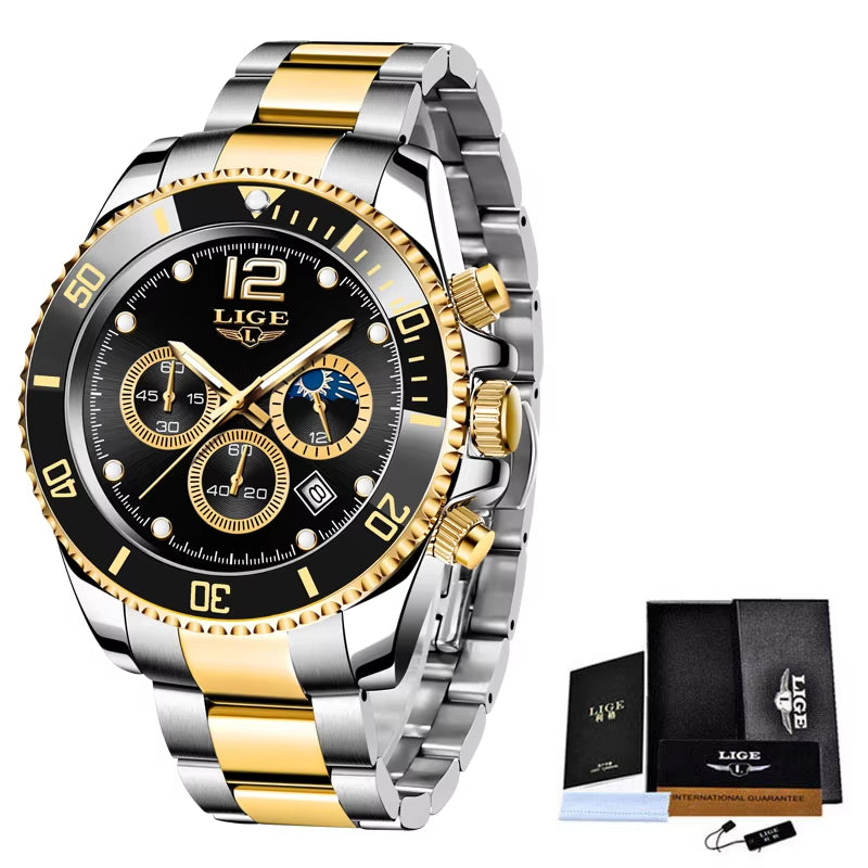 Watches Mens Top Brand Luxury Clock Casual Stainless Steel 24Hour Moon Phase Men Watch Sport Waterproof Quartz Chronograph