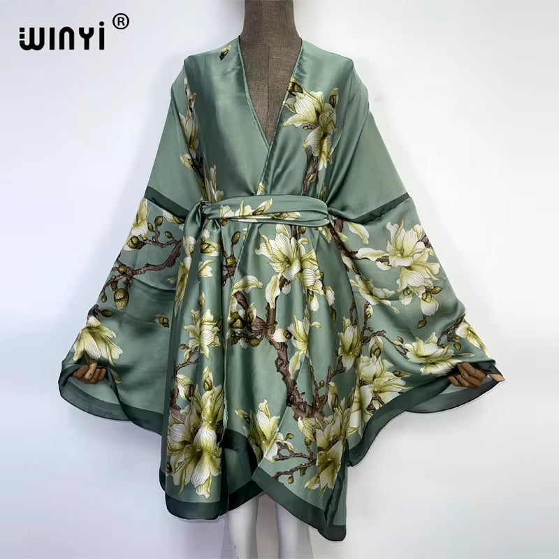 2022  Summer Beach Wear Swim Suit Cover Kaftan Sweet Lady Boho Cardigan Stitch Self Belted Sexy Holiday Long Sleeve Kimono