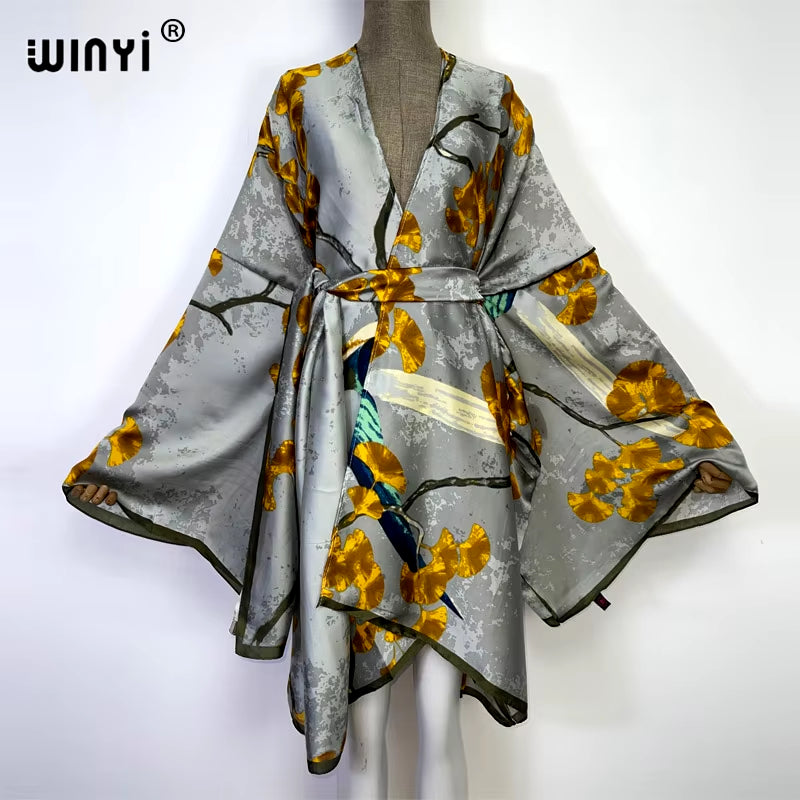 2022  Summer Beach Wear Swim Suit Cover Kaftan Sweet Lady Boho Cardigan Stitch Self Belted Sexy Holiday Long Sleeve Kimono